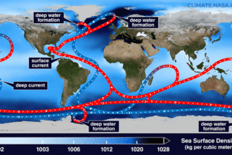 The Atlantic Meridional Overturning Circulation carries cold water from near Greenland (blue line) southward along the seafloor toward Antarctica, while currents nearer the surface transport warmer water northward. Credit: NASA/Goddard Space Flight Center Scientific Visualization Studio