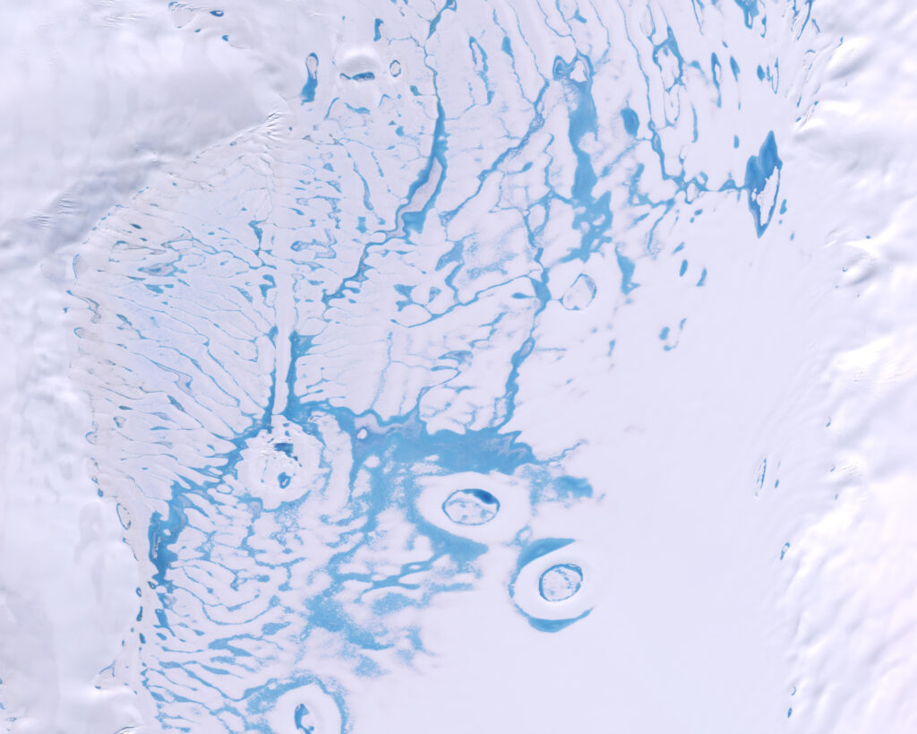 A study published this week used artificial intelligence to tease out subtle color variations and map previously unidentified areas of slush on Antarctic ice shelves that contain much more meltwater than previously estimated. The new information will help climate models make more accurate projections about how global warming will affect the ice shelves in the future. Credit: Copernicus Sentinel data, processed by Rebecca Dell