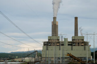 The TransAlta Centralia Generation station pictured on March 8, 2024. Mount Rainer is visible to the left of the plant. Credit: Jeremy Long/WITF