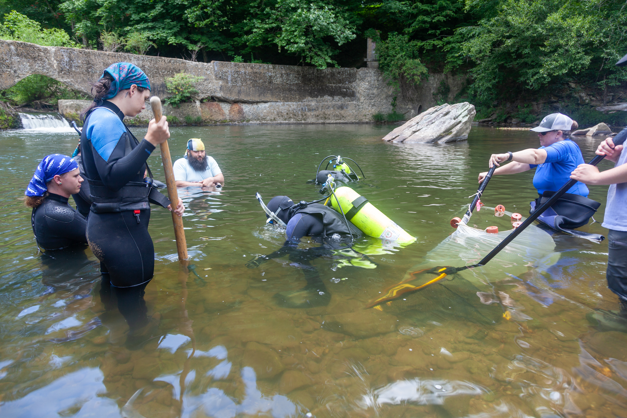 Ben Dalton (center) and Lori Williams (right) of the N.C. Wildlife Resources Commission, together with a team from Appalachian State University, search for eastern hellbenders.