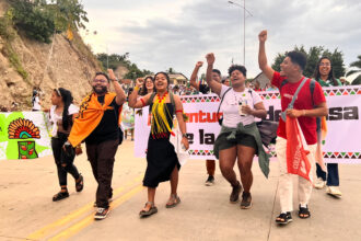 Young people from Amazonian communities march during the Pan-Amazon Social Forum in Rurrenabaque, Bolivia on June 12. Credit: Katie Surma/Inside Climate News