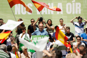 Jorge Buxadé, a Spanish candidate for the EU parliamentary election, speaks during a campaign rally on June 2 in Murcia, Spain. Buxadé leads the European delegation of Vox, a far-right party in Spain. Credit: Edu Botella/Europa Press via Getty Images