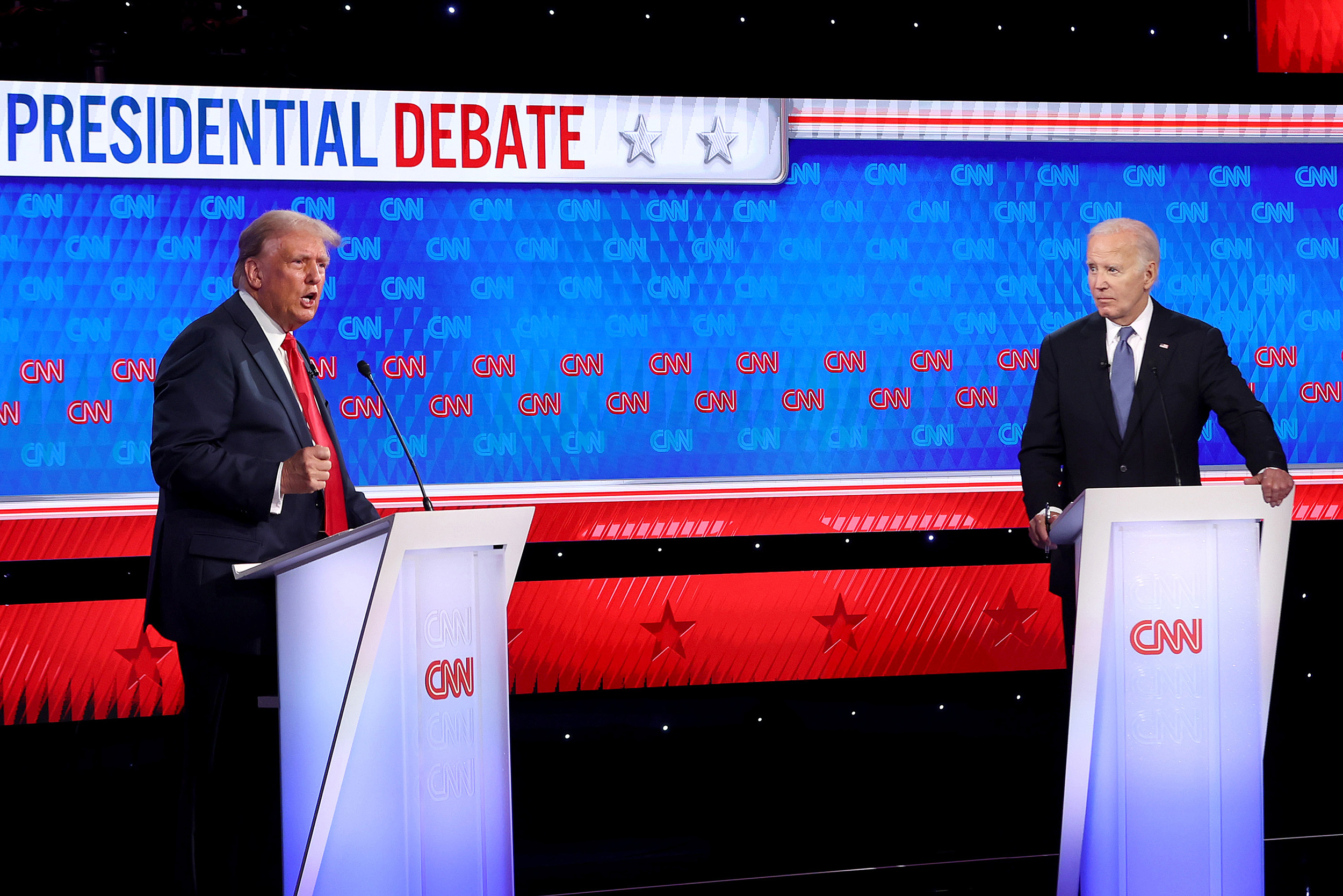 President Joe Biden (right) and Republican presidential candidate, former President Donald Trump participate in the CNN Presidential Debate in Atlanta on Thursday. Credit: Justin Sullivan/Getty Images