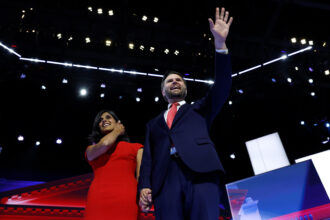 Republican vice presidential nominee, Sen. J.D. Vance, celebrates with his wife Usha after he officially accepted the nomination on the fourth day of the Republican National Convention on July 18 in Milwaukee, Wisconsin. Credit: Anna Moneymaker/Getty Images