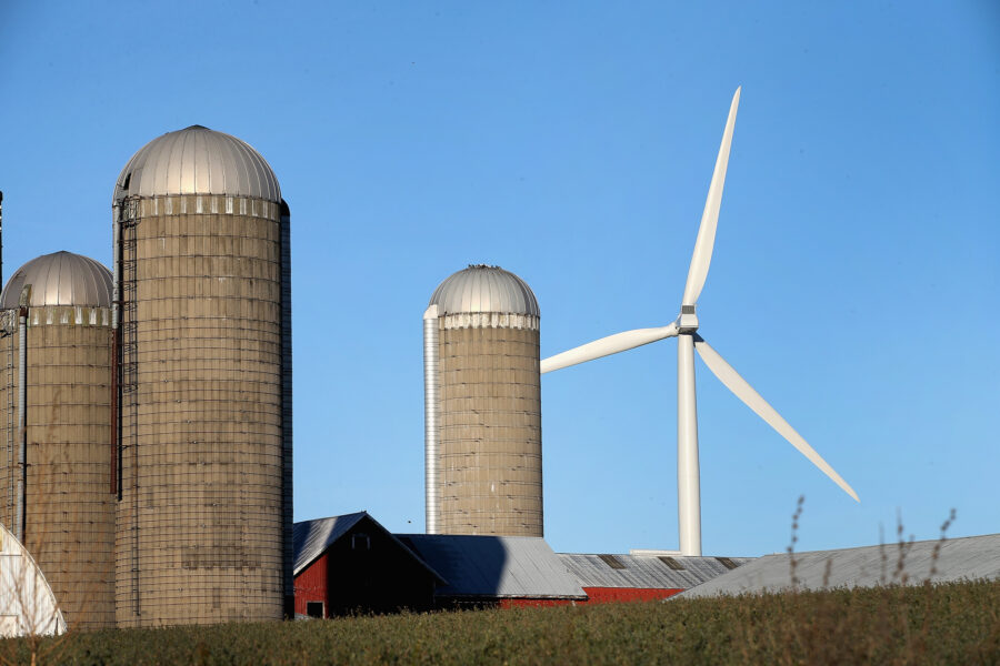 A wind turbine towers over farmland near Middleton, Wisconsin. Credit: Scott Olson/Getty Images