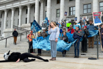 Sarah Woodbury leads a performance highlighting the migration of Wilson's phalarope during a rally to have the inland shorebird listed as threatened under the Endangered Species Act on March 28 in front of the Utah State Capitol. Credit: Wyatt Myskow/Inside Climate News