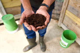 Standing in his composting site at the Filbert Street Garden in Curtis Bay, Marvin Hayes shows off what he calls 'Black Gold' -- the end product derived from turning food scraps and yard trim into compost, which is well documented to protect the environment, sequester carbon and make communities resilient. Credit: Aman Azhar/Inside Climate News