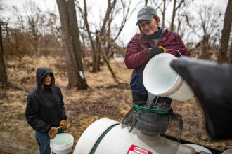 Abigail Barten (right), trail coordinator, pours and filters raw maple syrup into a tank for collection on March 16, 2023, at Indian Creek Nature Center in Cedar Rapids, Iowa. Credit: Geoff Stellfox/The Gazette