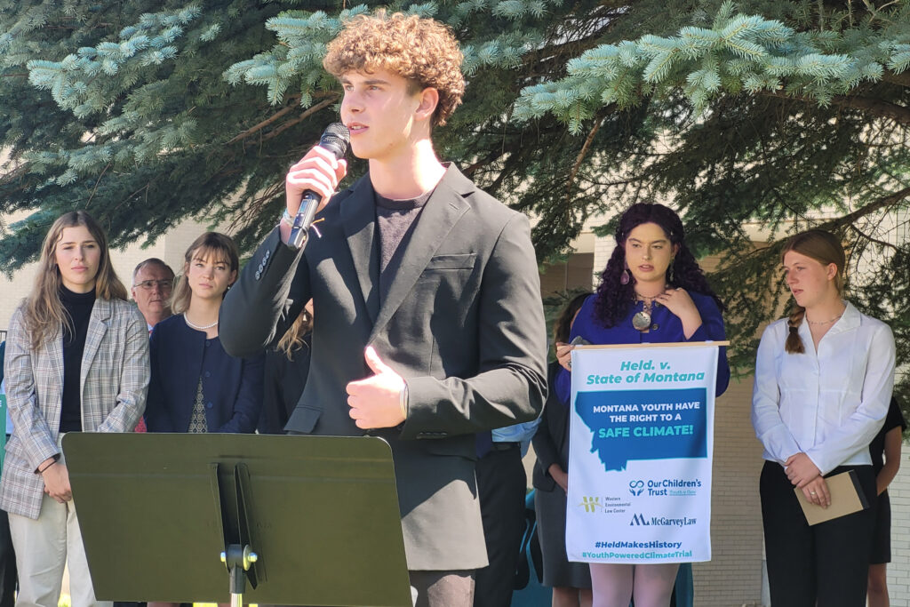 Plaintiff Kian Tanner (aged 19) from Bigfork, Montana, speaks at a press conference after the hearing in Helena. Credit: Najifa Farhat/Inside Climate News