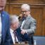 Ranking member Rep. Patrick McHenry, R-N.C., right, greets a fellow representative, on Dec. 13, 2022. McHenry is expected to head the Committee on Financial Services in the next Congress. Credit: Tom Williams/CQ-Roll Call, Inc via Getty Images