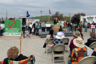 At a 2023 rally across the highway from Seneca Meadows Inc., Seneca Lake Guardian co-founder Yvonne Taylor called for the facility to be shut down. Credit: Peter Mantius/WaterFront