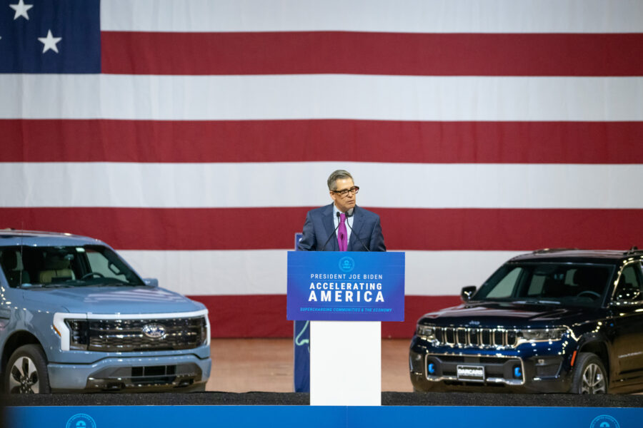 John Bozzella, president and CEO of the Alliance for Automotive Innovation, speaks at the roll-out of the Biden administration's vehicle pollution standards in March in Washington, D.C. Credit: EPA